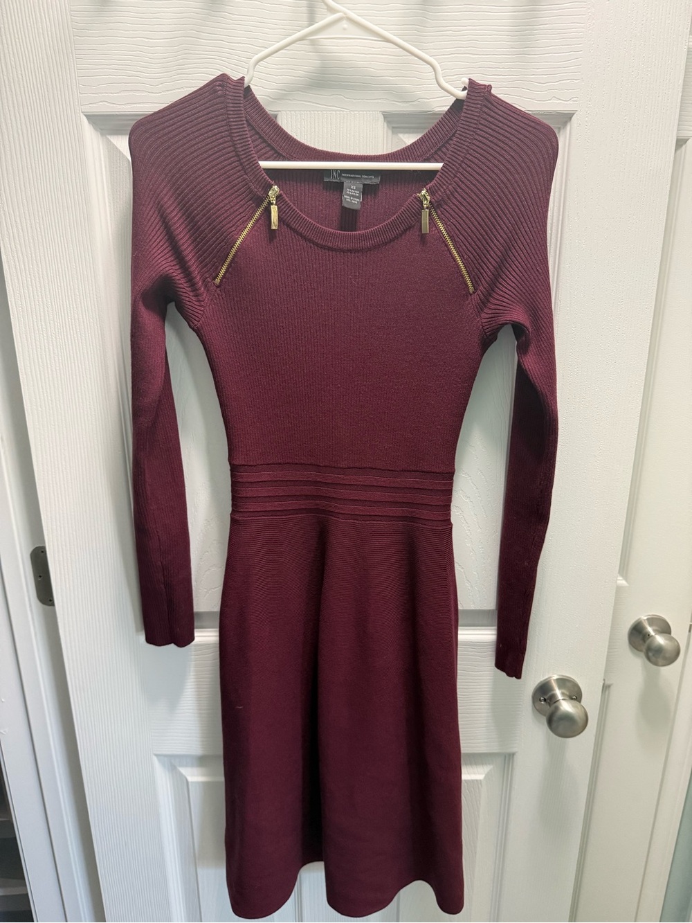 INC International Concepts Long Sleeve Ribbed Fit-and-Flare Dress - Burgundy